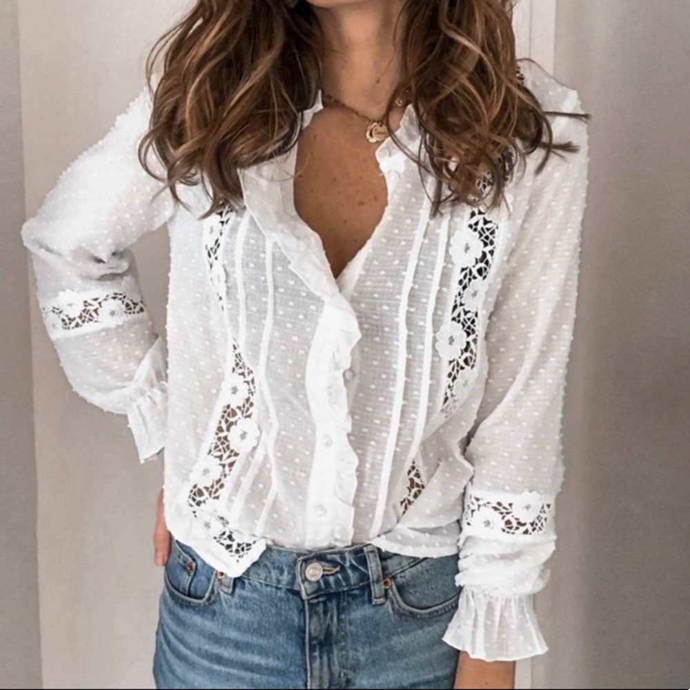 New Boho White Lace Long Sleeve Blouse Top - Picture 3 of 11